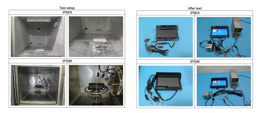 Laboratory high-pressure 100 bar high-temperature 80C washdown test on IP69K vehicle monitor to ISO 20653 standard